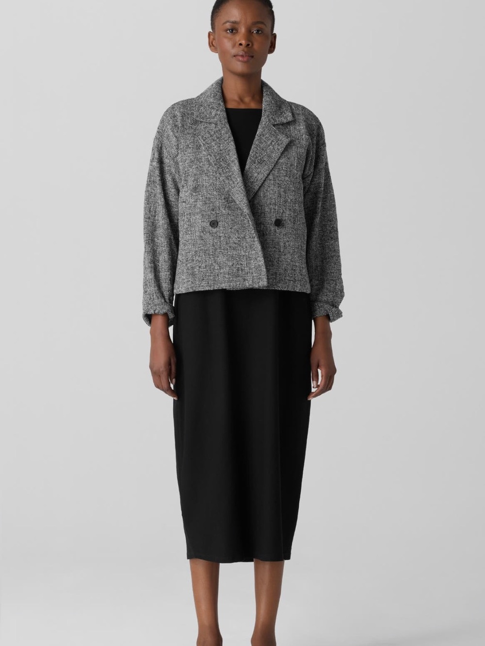 Eileen Fisher Double Breasted Stretch Organic Cotton Short Blazer Large Black